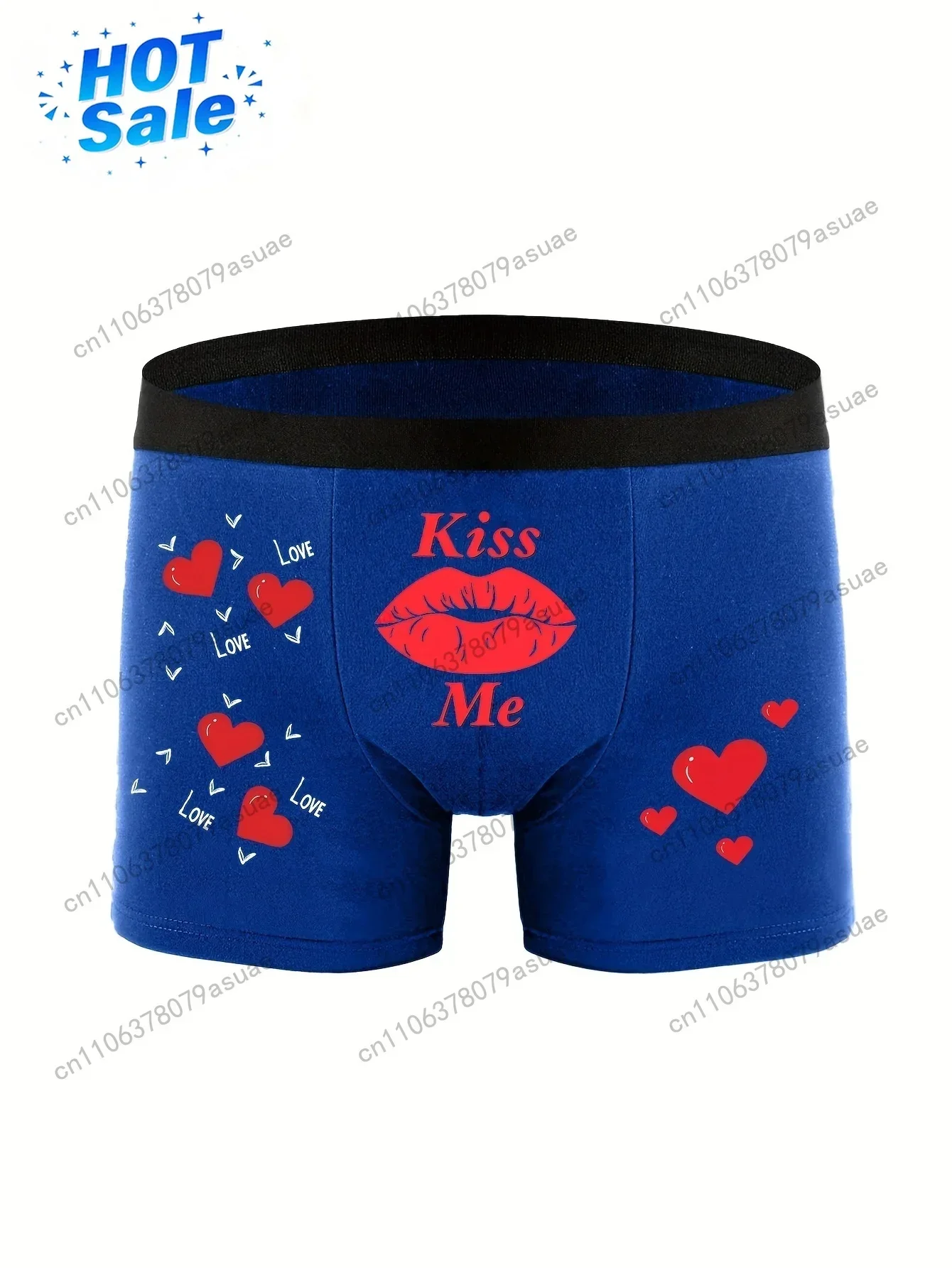 Men'S Blue Boxer Briefs with Kiss Me Lip Print & Heart Design - Soft Breathable Polyester Comfort Fit Underwear with White 