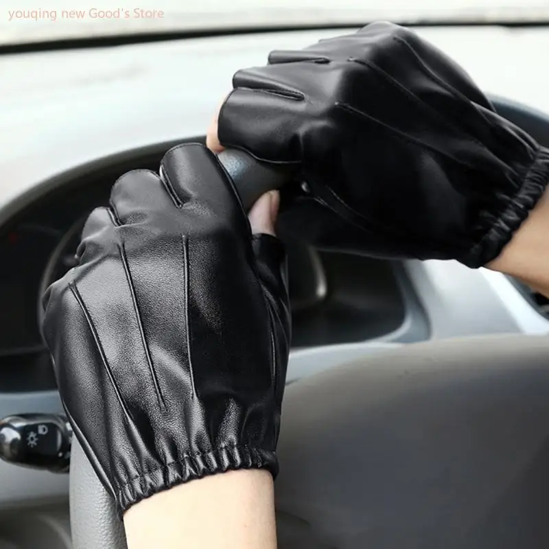49Me fingerlose Fahrhandschuhe PU Faux Leder Freien Sport schwarzer Halbfingerhandschuh Cosplay Fäden für Männer Frauen