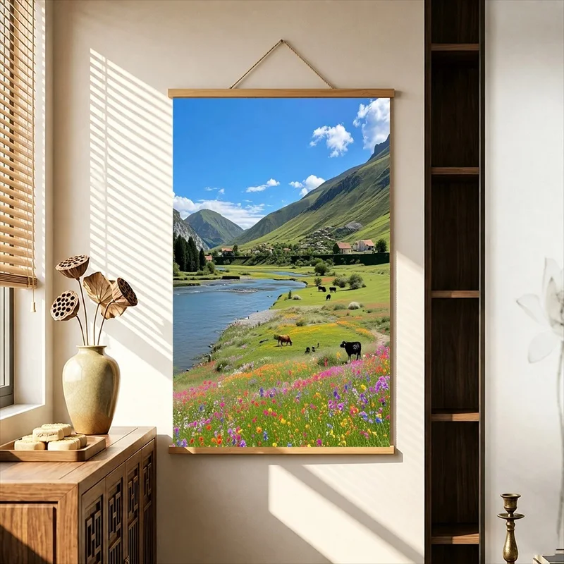 Anime Whimsical Green Grassland Journey Pearlescent Canvas Hanging Scroll Wall Art for Aesthetic Bedroom Decor