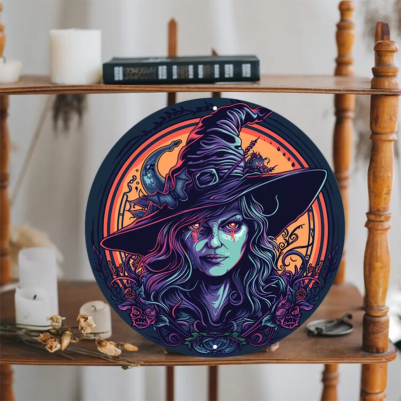 Terrifying Witch Round Aluminum Sign, UV and Scratch Resistant, Easy-Hang, Outdoor and Indoor Decoration, Wall Art, Home Decor