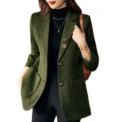 Chaqueta de traje de pata de gallo para mujer, blazer Retro, verde, rojo, Gary, Otoño, 2022