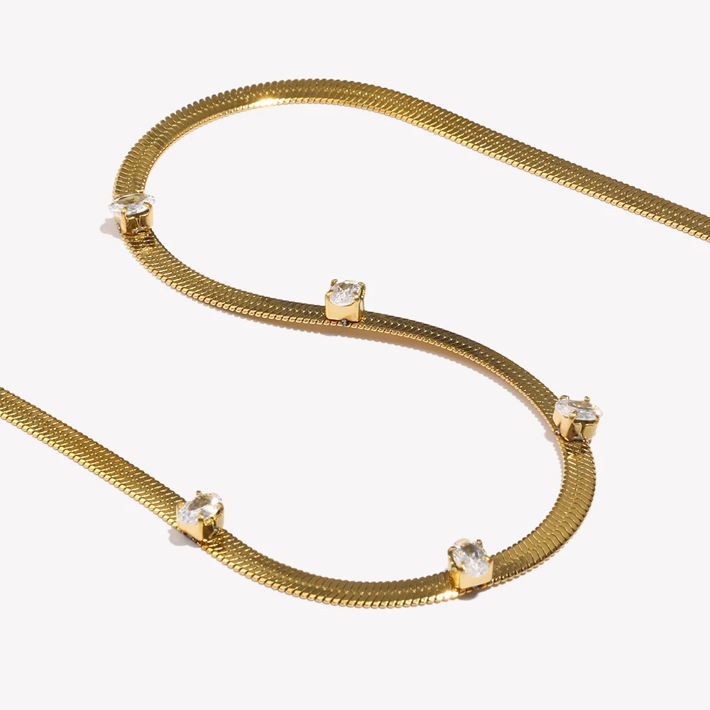 E.B.belle Design Elegant Oval Square Zircon Stone Herringbone Chain Choker Necklace Stainless Steel 18K Gold Plated Jewelry