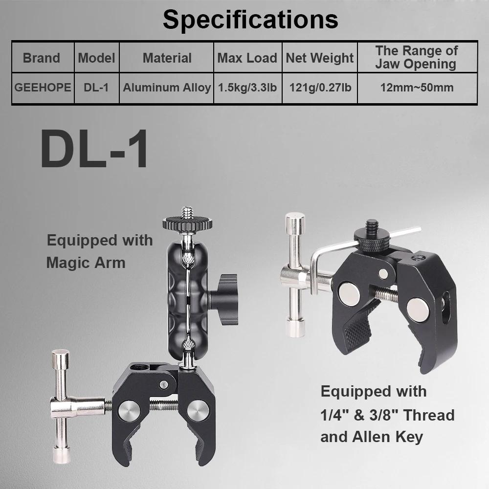 GEEHOPE DL-1 Super Clamp Crab Pliers Clip Magic Arm for DSLR Cameras/Cross Bars/Music Stand/LED Lights/Microphones Load 1.5kg