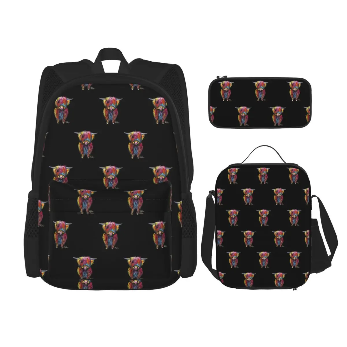 Scottish Hairy Highland Cow Backpacks Students Bookbag School Bags Rucksack Lunch Bag Pen Bag Three-Piece Set