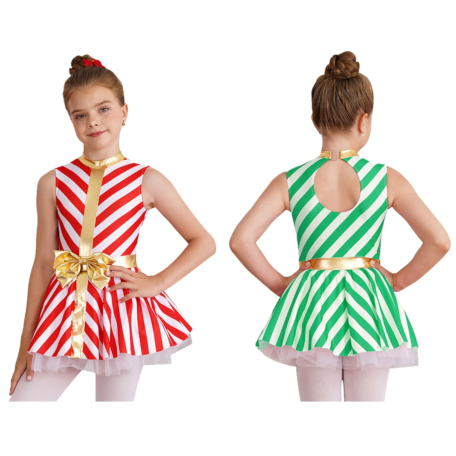 Girls Christmas Santa Candy Cane Costume Sleeveless Ballet Dance Dress Open Back Stripes Print Tutu Dress Leotard Dancewear