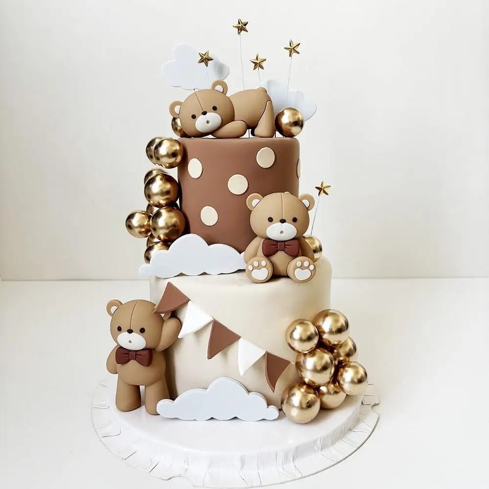 

34pcs Bear theme birthday cake decoration, including: 3 bears, 20 golden balls, 5 five-pointed stars, 6 clouds