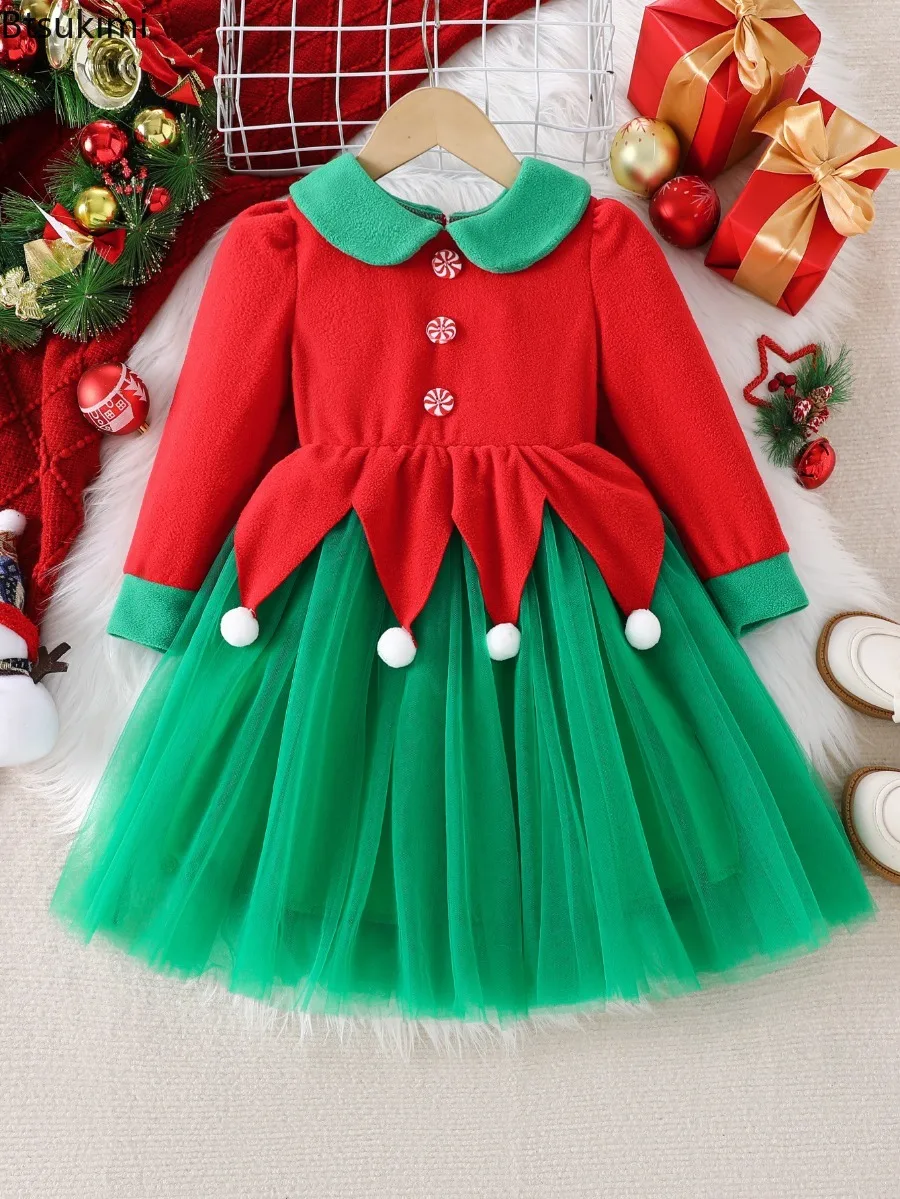 2026 Children Girls' Christmas Elf Dress Red Green Long Sleeve Doll Collar Tulle Dress with Decorative Buttons 3-10 Years Old