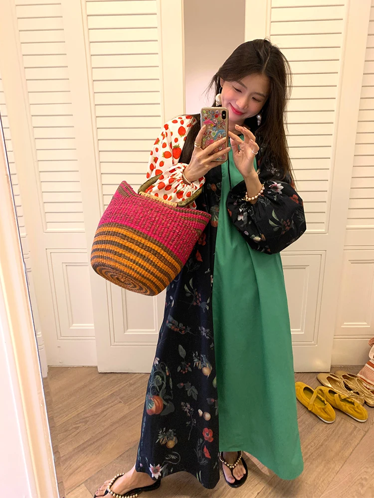 กระโปรงยาวทรงเอพิมพ์ลายดอกไม้สไตล์หลวมสำหรับผู้หญิง ดีไซน์ต่อผ้า  ใส่ได้ทุกฤดู ทั้งฤดูใบไม้ผลิ ฤดูร้อน ฤดูใบไม้ร่วง และฤดูหนาว