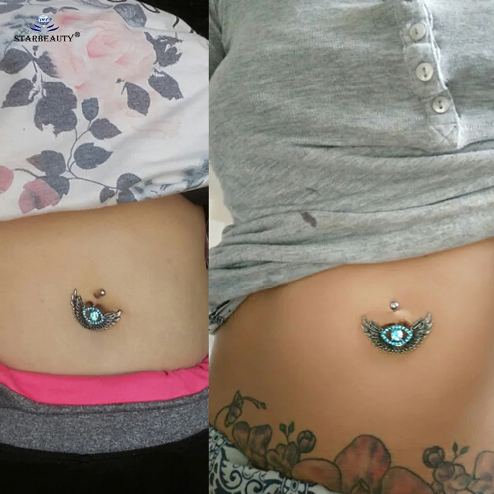 Starbeauty Blue CZ Eye Belly Button Rings Eagle Wing Navel Piercing Stainless Steel Belly Piercing Ombligo Body Jewelry 14G