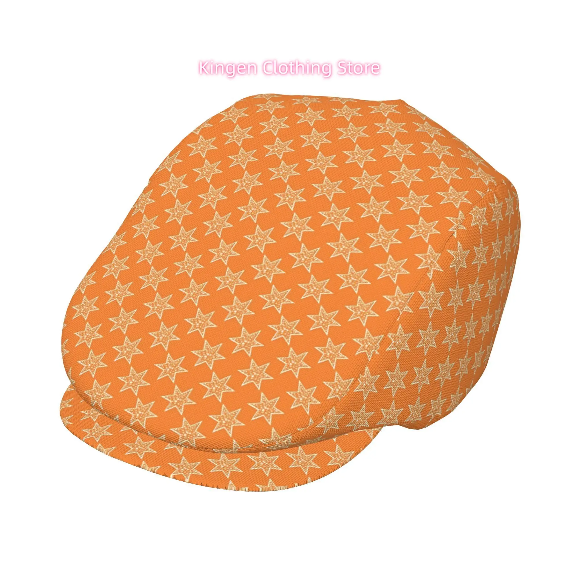 1pc Orange Star Striped All-over printed beret,  newsboy cap, unisex, a must-have fashion accessory for outdoor leisure activiti