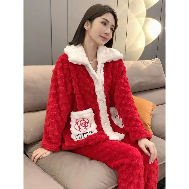 2023 Pajama Women Autumn and Winter New Coral Velvet Plus Velvet Cardigan Small Fragrant Wind Home Suit Thick Coat