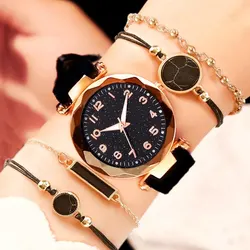 5pcs Set Womens Watches Set Ladies Fashion Watch Black Female New Simple Casual Womens Analog WristWatch Bracelet Gift No Box