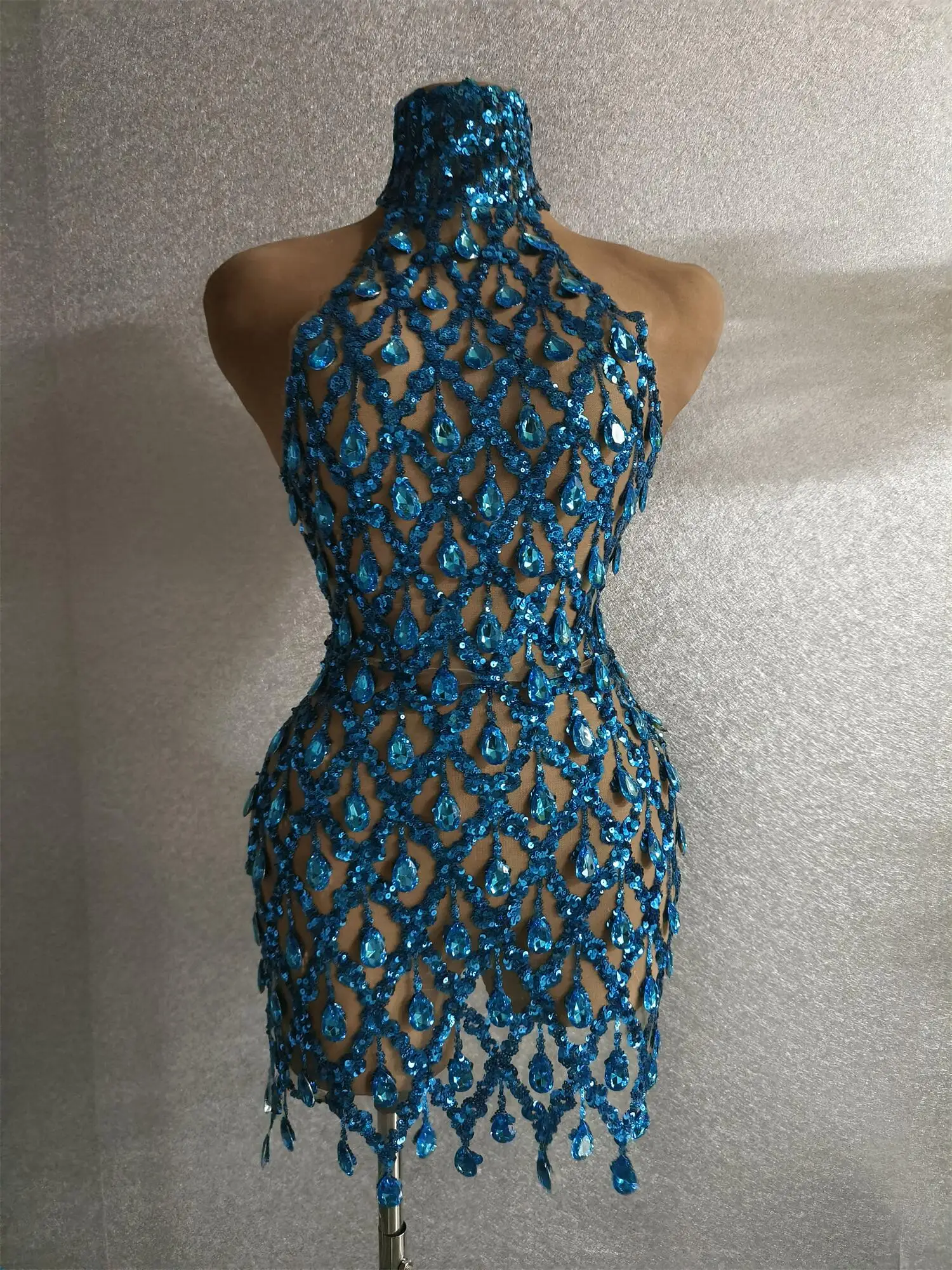 Shaokaojia-Vestido corto azul brillante con diamantes de imitación, vestido Sexy para fiesta, celebración, noche, graduación, sesión de fotos, cantante, ropa de escenario