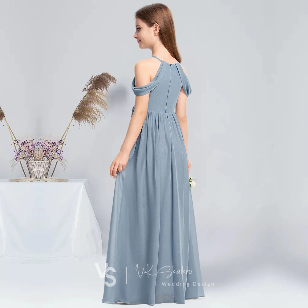 A-line Halter Floor-Length Chiffon Junior Bridesmaid Dresses Dusty Blue Summer Flower Girl Dress Sleeveless Bridesmaid Dress