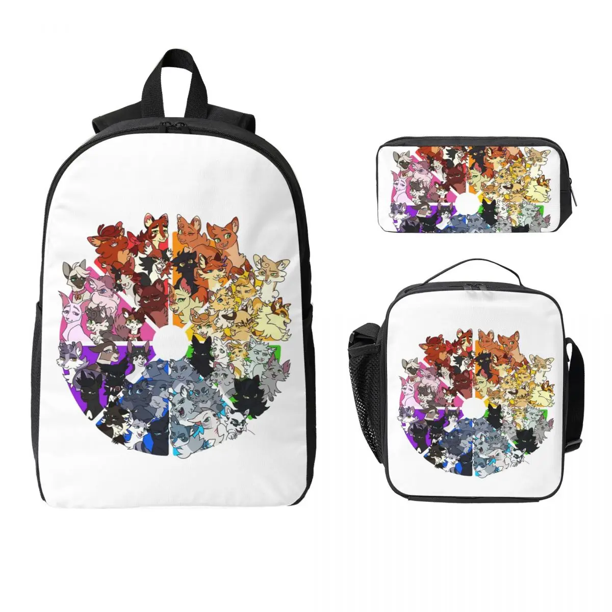 Warrior Cats Color Wheel Backpack Student Boys Girls BookBag School Bag Laptop Shoulder Bags 3ps Insulated Lunch Bag Pencil Case