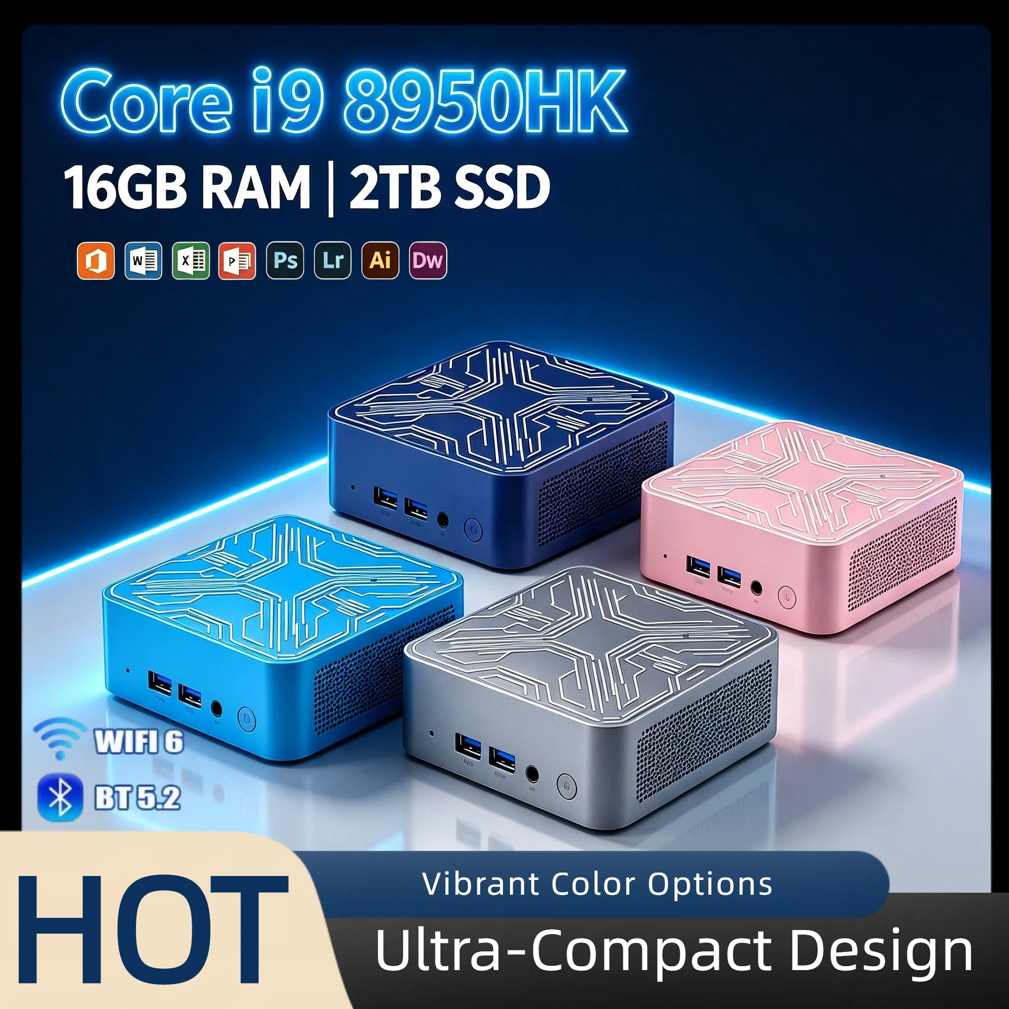 Intel i9-8950HK Ultra Mini PC 16GB RAM 2TB NVMe SSD Triple 4K HDMI Output WiFi6 BT5.2 High Speed Office Home Pro Unit
