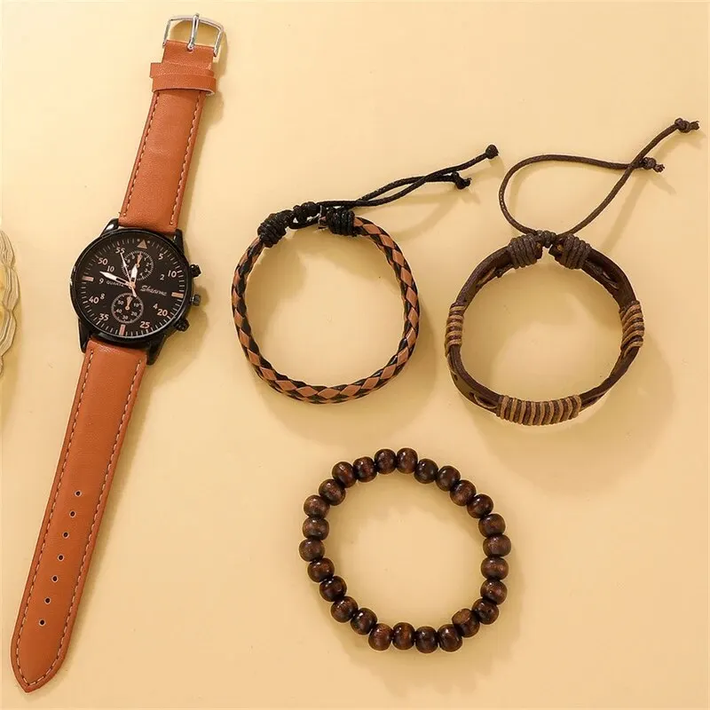 Nuovo orologio da uomo Set di braccialetti di lusso Fashion Business orologi da polso al quarzo in pelle marrone per uomo Set regalo Relogio Masculino