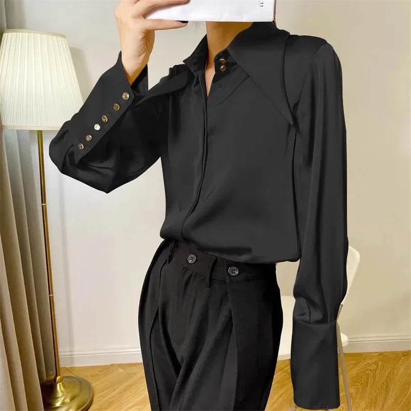 Office Satin Blouses Women Thin Shirts Ol Design Pointed Collar Work Blusas Solid Color Fashion Long Sleeve Spring Tops B185