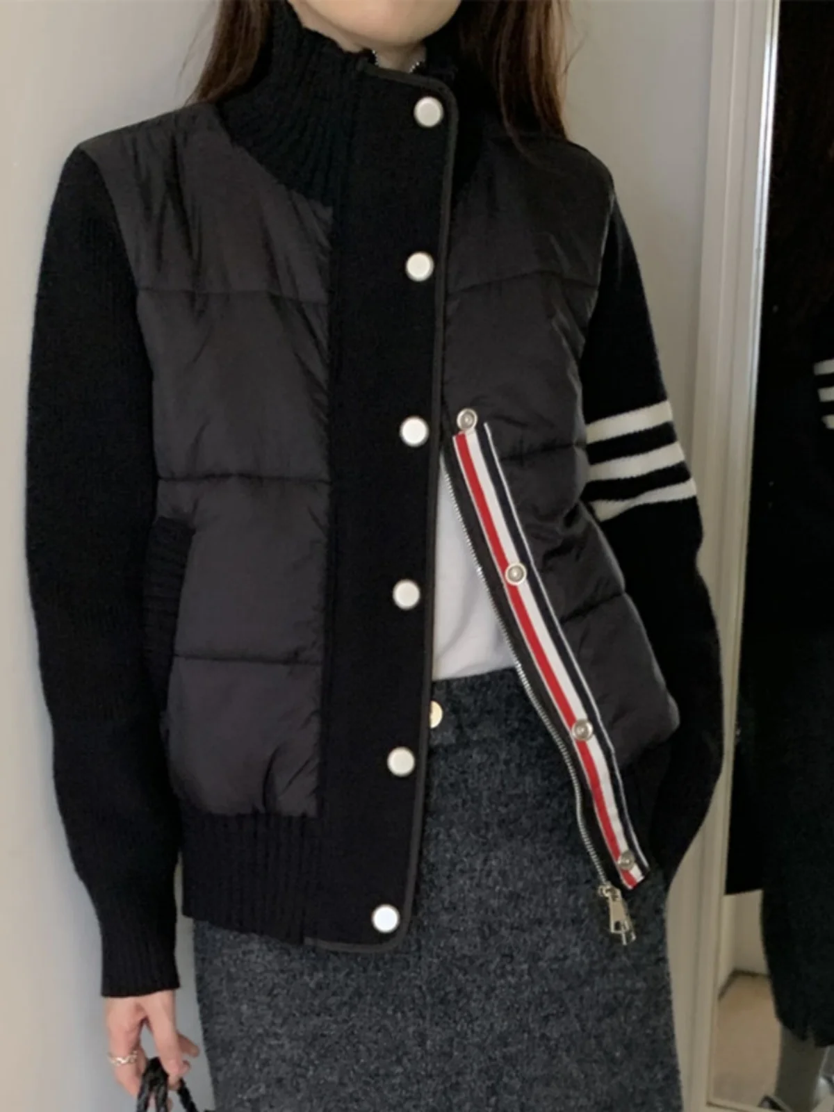 Slim Fit Cotton Jaet Women's Winter Knitted Splice ort Coat Stand Collar Long Sve Regular Length Single Button Closure