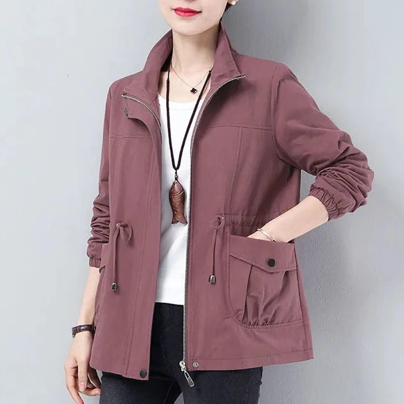 Double Layer Women Spring Autumn Korean Plus Size Lining Windbreaker Drawstring Waist Stand Collar Jacket Jackets for Women