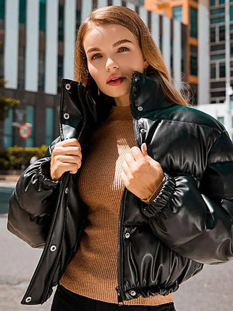 Winter Warm Thick PU Leather Coats Women Short Parkas Fashion Black Cotton Padded Lady Down Jacket Elegant Zipper Clothes 2024