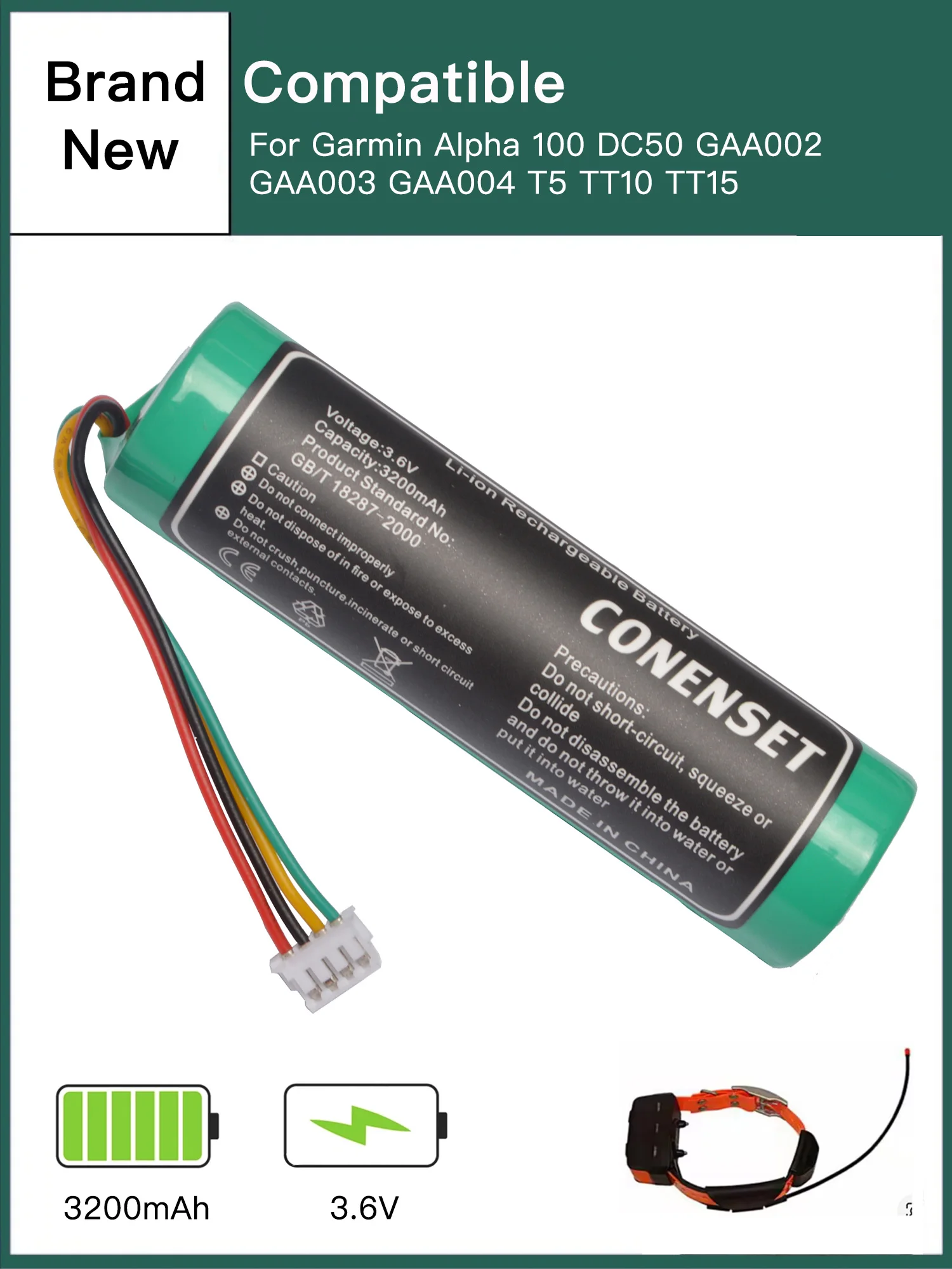 3200mAh Dog Collar Battery for Garmin Alpha 100, DC50, GAA002, GAA003, GAA004, T5, TT10, TT15, T5 Tracking Collar