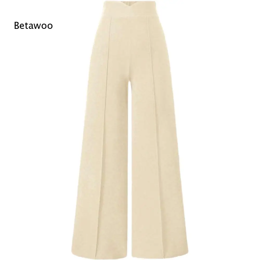 

High Waist V Shaped Notch Waistband Vertical Stitch Detail Knit Fabric Oversized Wide Leg Full Length Casual Trousers