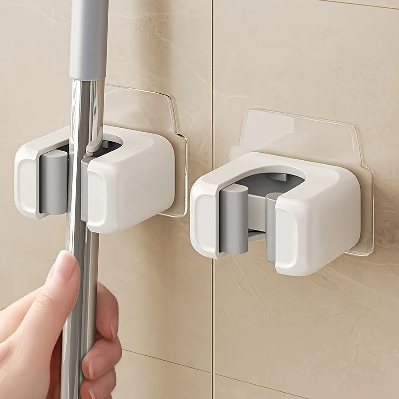 2pcs Wall-Mounted Non Perforated Mop Holder, Self-adhesive Installation, Suitable for Kitchen and Bathroom, Can Fix Brooms, Mops