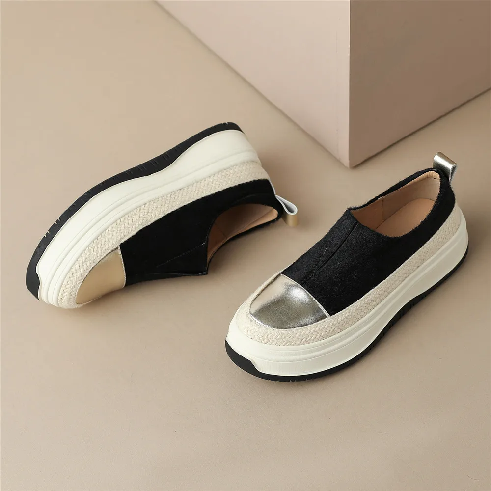 MILI-MIYA New Arrival Women Cow Leather&Horse Hair Sneakers Platform Heels Slip On Round Toe Mixed Color Handmade For Ladies