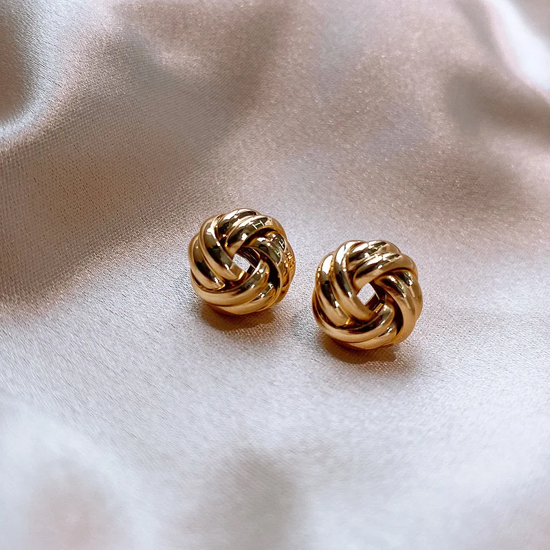 Hiphop Punk Metal Twist Knit Knot Ball Stud Earring for Women Gold Color Female Twine Ear Jewelry Christmas Gift Brincos