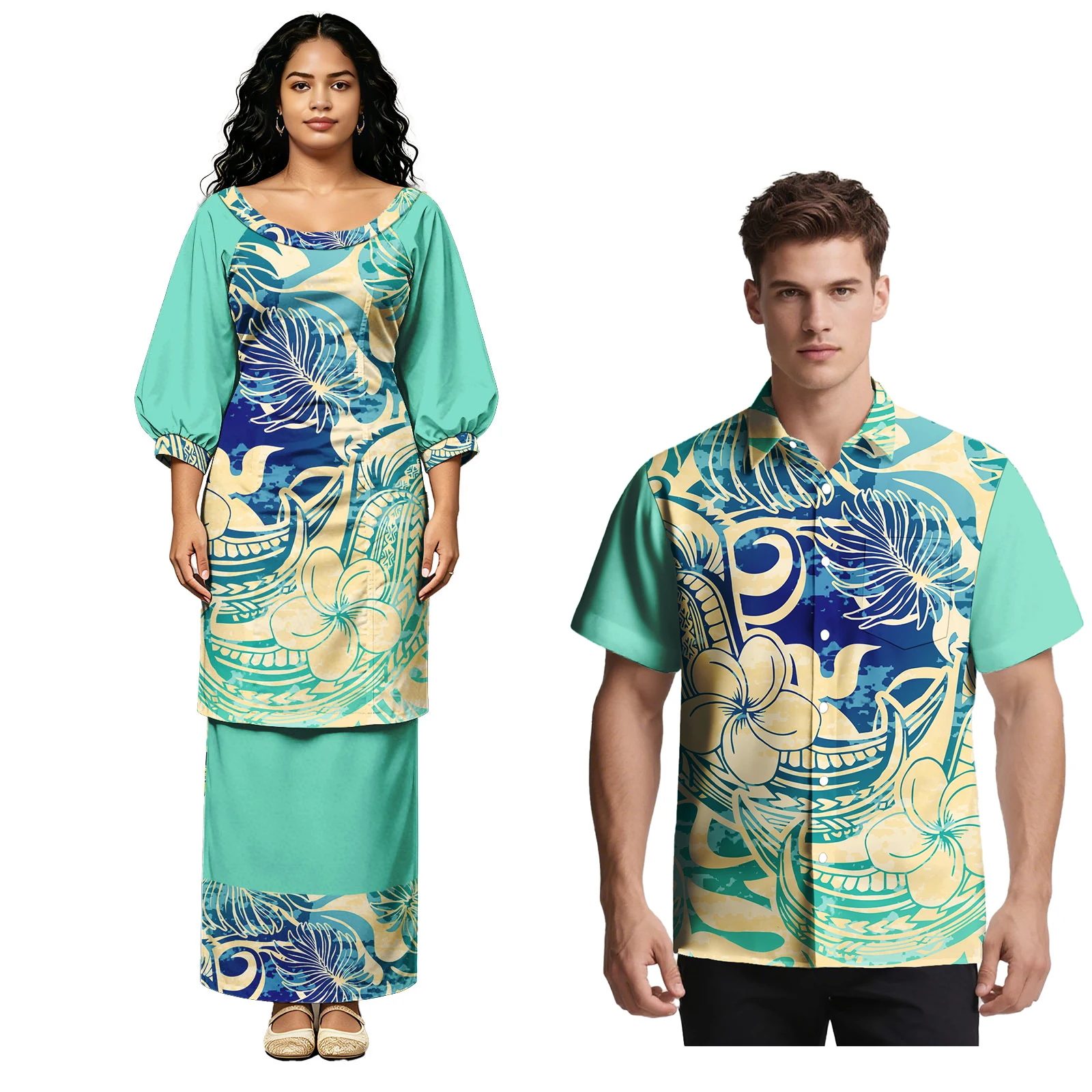 

High Quality Custom Fashion New Men Shirts Sweet Lovers Clothing Samoan Polynesian Women Puletasi 2pc Set Tribal Couple Outfits