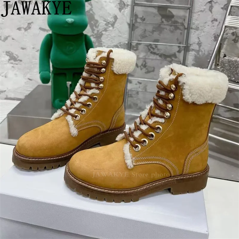 

2024 Winter New Round Toe Lace up Snow Boots Women Wool lining Suede Short Boots Warm Comfortable Cowboy Knight Boots Woman