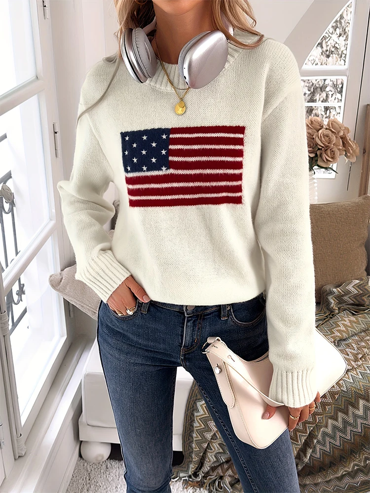 Plus Size Damen Herbst und Winter Neues Nationalflaggenmuster Damenpullover Bequemer, lockerer, lässiger Pullover