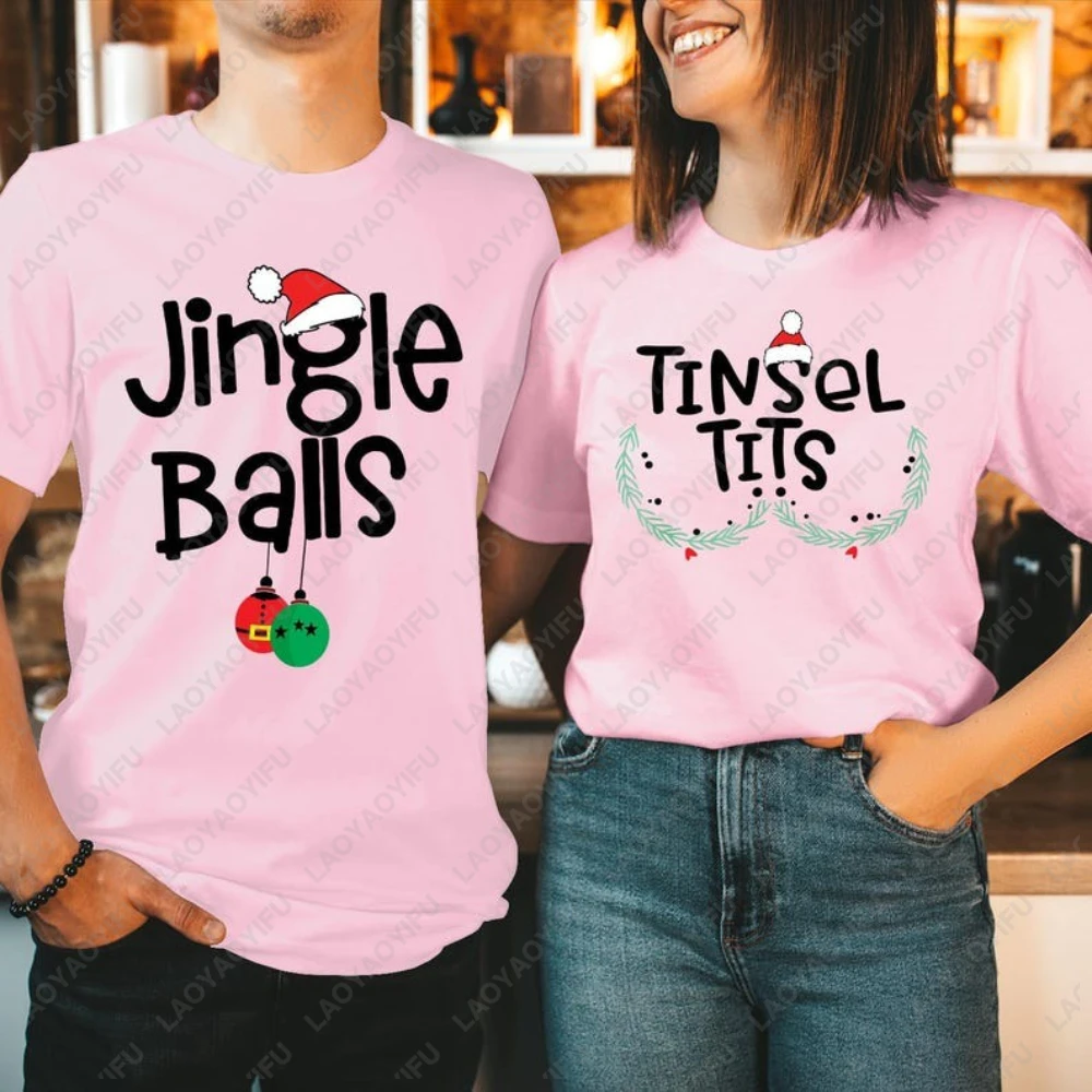 Divertente coppia di Natale T-shirt Jingle Balls Cappello di Natale Streetwear Magliette grafiche Natale Uomo Donna Abbigliamento Girocollo Top Regalo