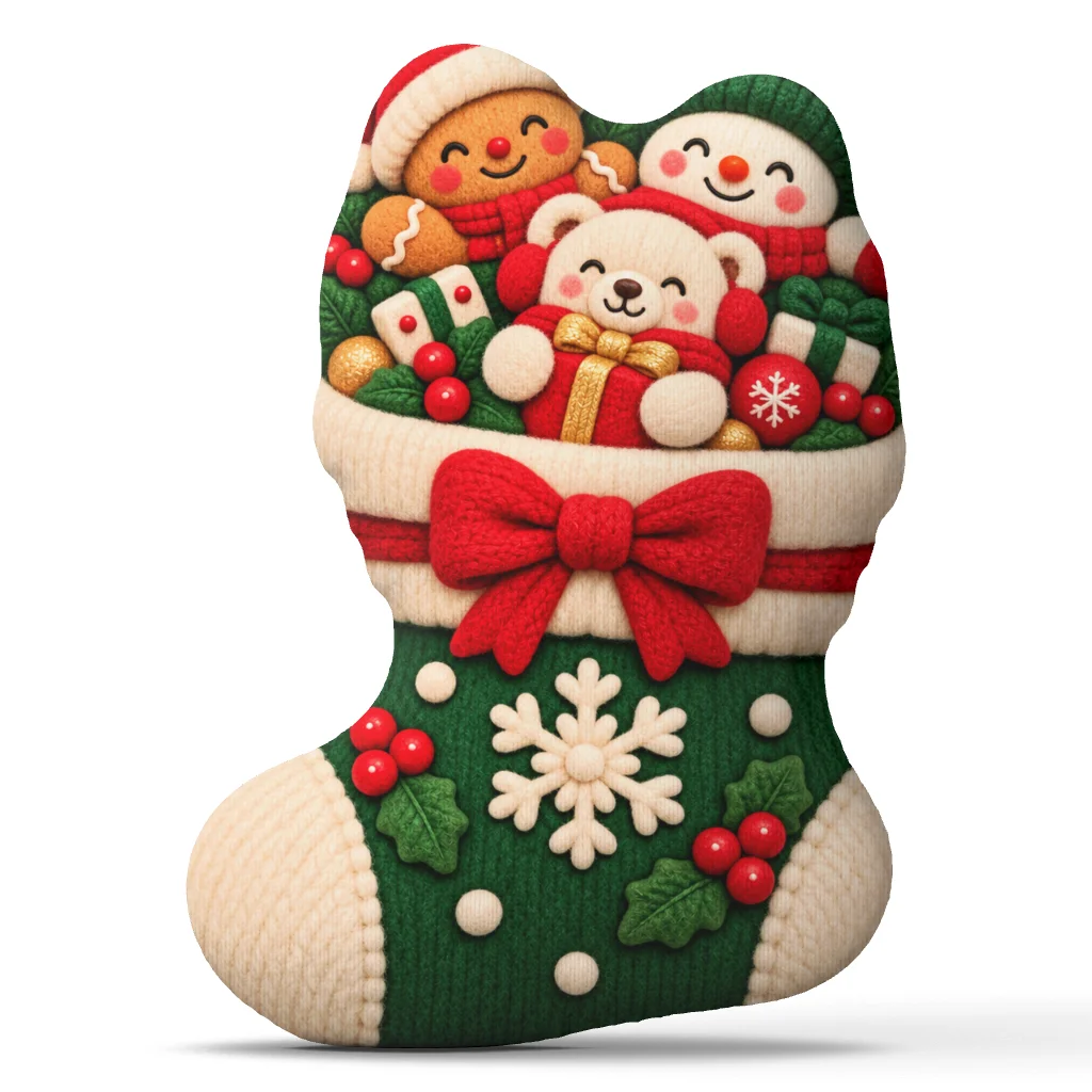 Christmas Stocking Shaped Plush Pillow with Teddy Bear Gingerbread and Snowman Stuffed Cushion Holiday Sofa Home Decor Gift