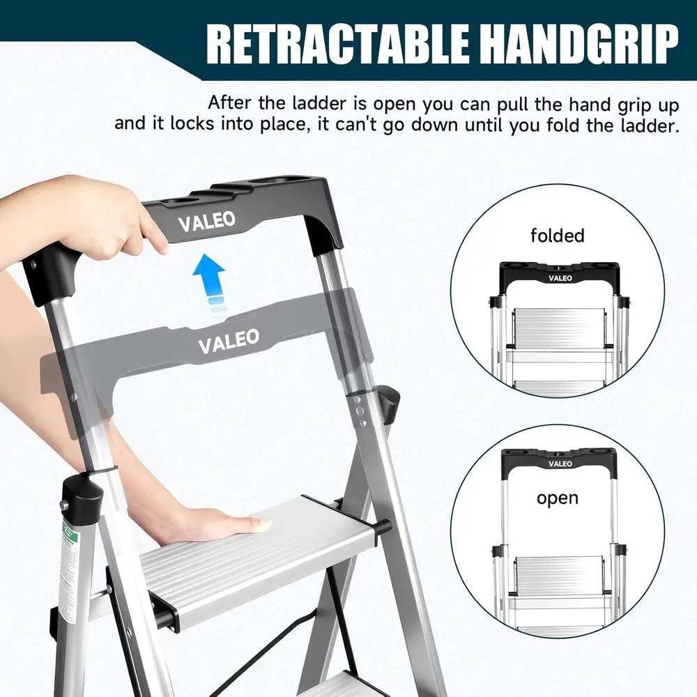 Échelle pliante en aluminium à 5 marches avec poignée, marches antidérapantes, charge de 330 lb, aide compacte pour cuisine/garage, portable, argent