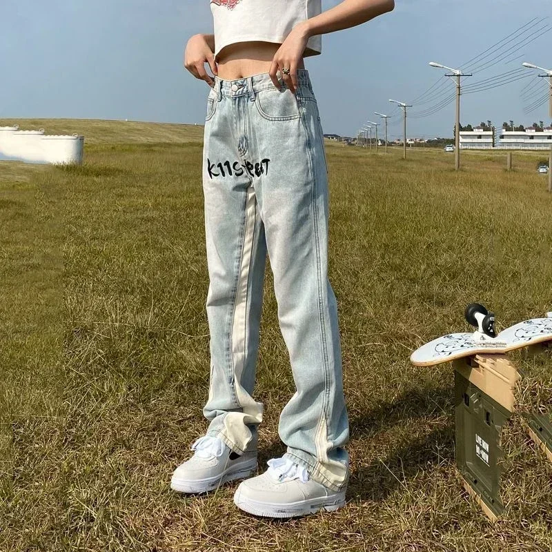 Men's Jeans Aesthetic Letter Man Cowboy Pants Bootcut Trousers Flared Light Blue Spliced Streetwear Hip Hop Denim Y2k Original