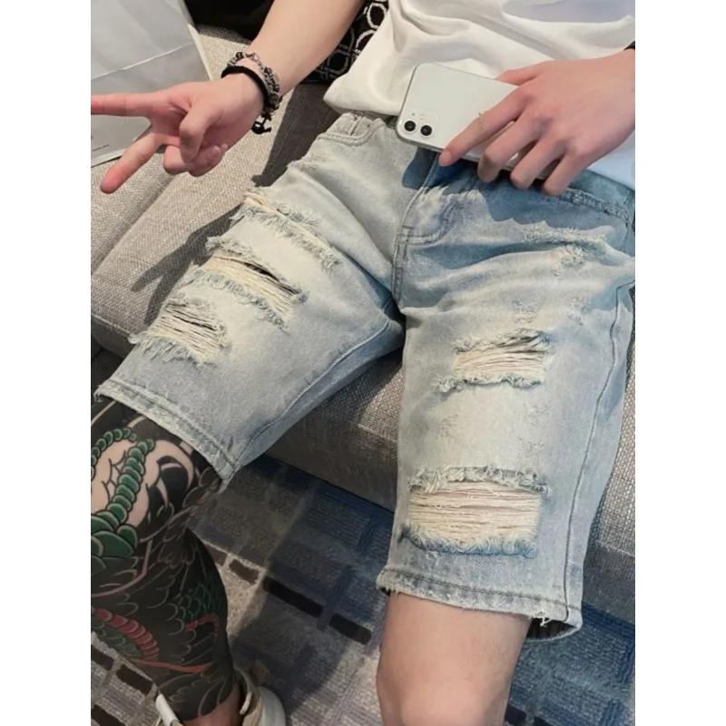 Ruffian Handsome Guy Ripped Denim Shorts Men's Casual Beggar 2025 Summer Thin Men's Jean Shorts Men's Distressed Medium Pants