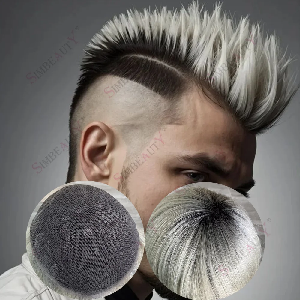 أومبير البلاتين شقراء الذكور الباروكات 1BT/60R جذور سوداء سوبر دائم الشعر المستعار شعري طبيعي كامل السويسري الدانتيل الشعر البشري الاصطناعية