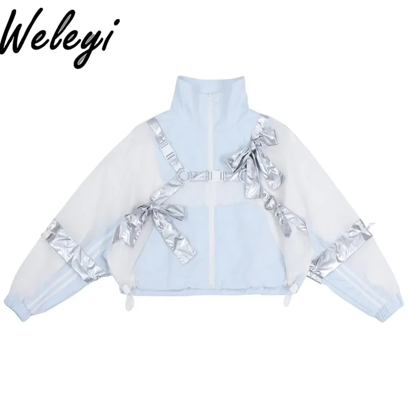 Women's Short Jacket Spring Sweet Cool Sports Function Bow Buckle Strap Kangaroo Pocket Jelly Blue and White Color Matching Top