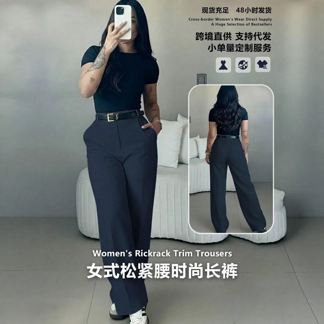 Summer Women Pants Casual Loose Fit Navy Blue Trousers High Waist Pleated Front Wide Leg Pants Belted Waist Straight Cut Pants