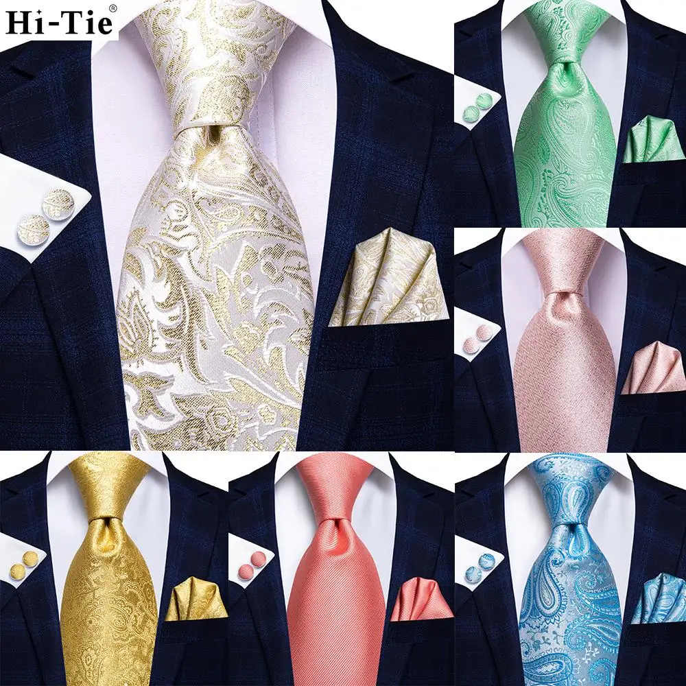 

Hi-Tie Light champagne Men Silk Wedding Tie Mint Paisley Solid Fashion Design Gift Necktie For Men Hanky Cufflink Business Party