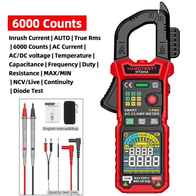 

HT205 6000 Counts Clamp Meter True RMS NCV DC AC Voltage AC Current 600A Smart Digital Clamp Meter Multimeter Temperature Tester