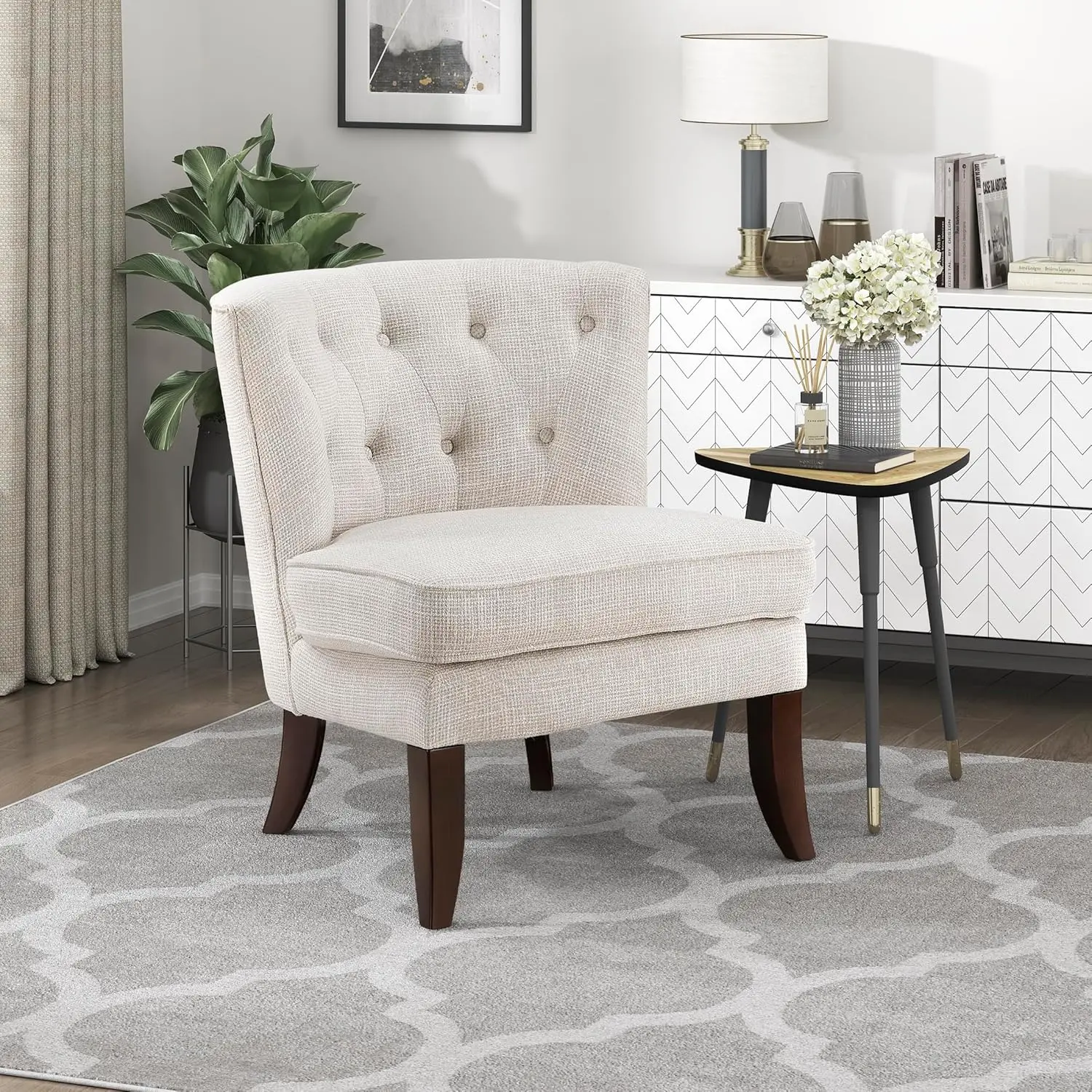

Accent Chair, Textured Fabric Upholstered Armless Chair with Solid Wood Legs, Button Tufted Curved Back for Living Room/Bedroom