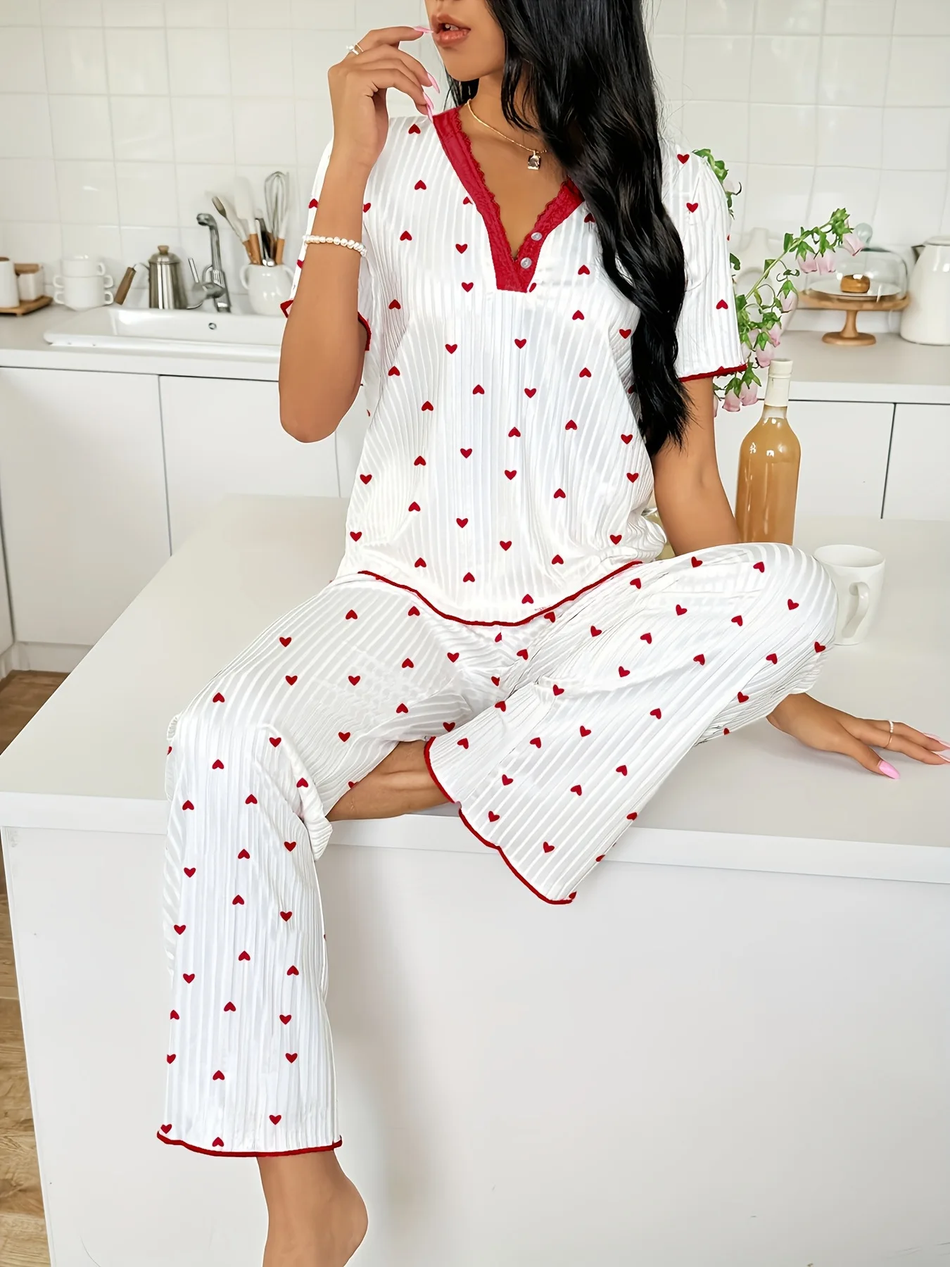 

Women Sleepwear Sexy Heart Print Tops and Trouses Sets Comfortable Pyjama Loungewear Autumn Winter Warm Pajamas Set