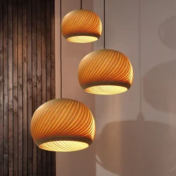 Nordic Wabi Sabi Veneer Pendant Lights Dining Room Wood E27 LED Hanging Lamp Fixture Art Decor Indoor Suspend Light Luminaria