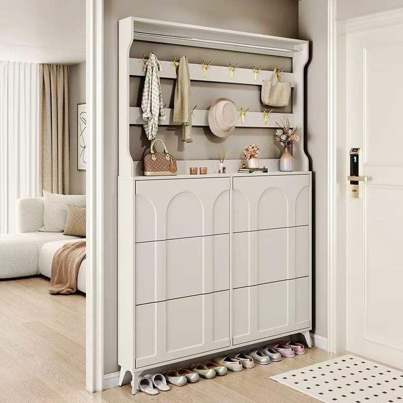 

Small apartment cream wind ultra-thin shoe cabinet with hanger integrated household door entrance door against