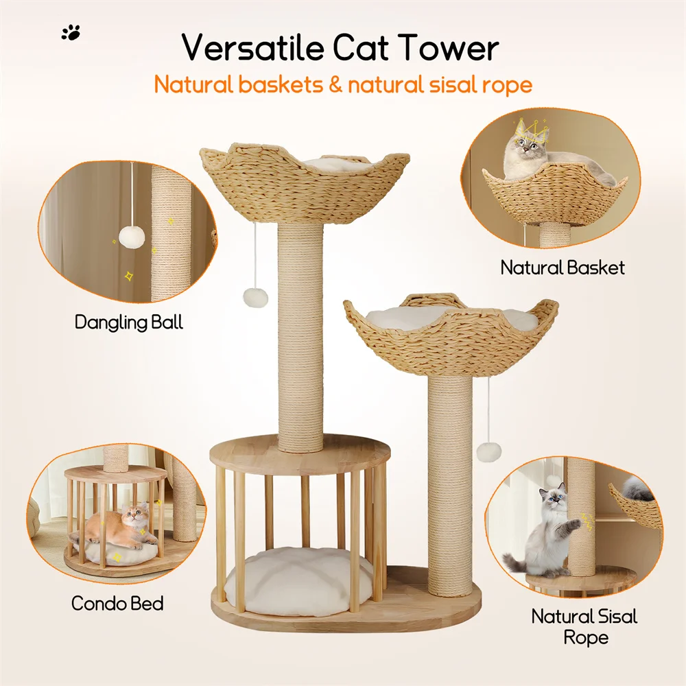 3 ชั้นแมวเบาะ Plush Napping Perches ลูกแมวคอนโด Sisal เชือกโพสต์และแขวนของเล่น Tower สําหรับในร่ม Kitties