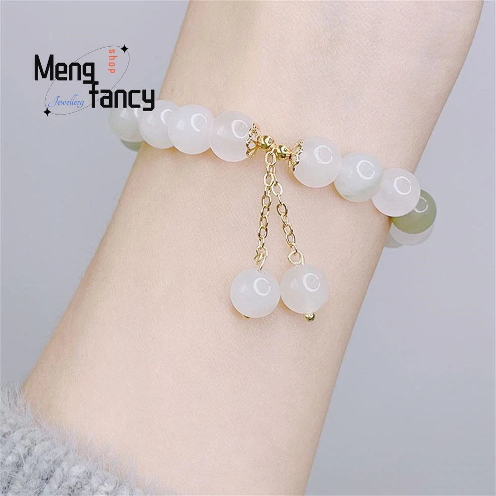 Natural Tianshan Cui Bracelet Female Simple Retro Tassel Gradual Jade Beaded Bracelet Exquisite Popular Luxury Fashion Jewelry