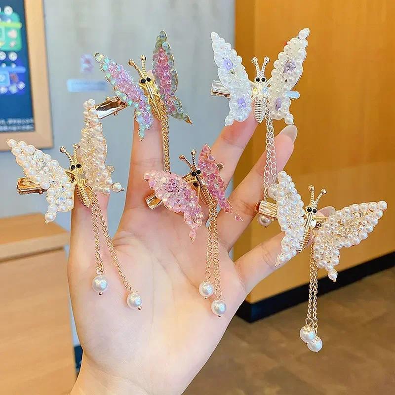 Rhinestone Pearl Tassel Moving Butterfly Hairpin Super Fairy Girls Ancient Elegant Hair Clip Sweet Princess Hair Style Headwear